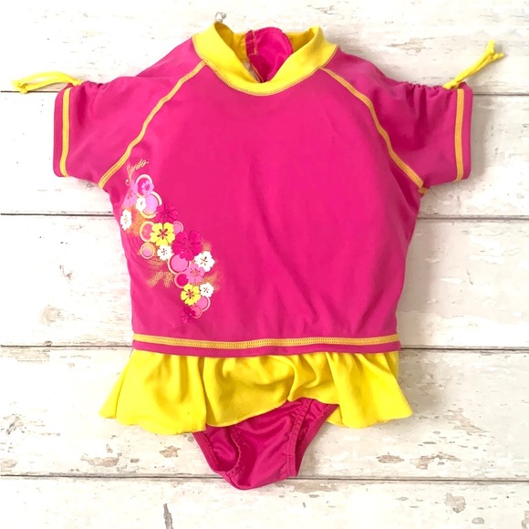 Speedo Kids UV Floatation Suit Girls S/M Pink Yellow Life Jacket Swimsuit Swim - Picture 1 of 5